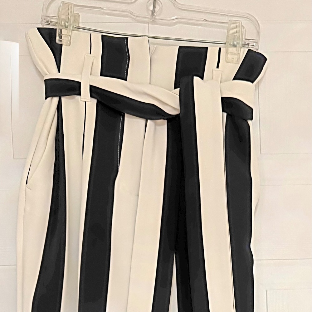 Tie-Front Striped Pants - White with Dark Navy Stripes